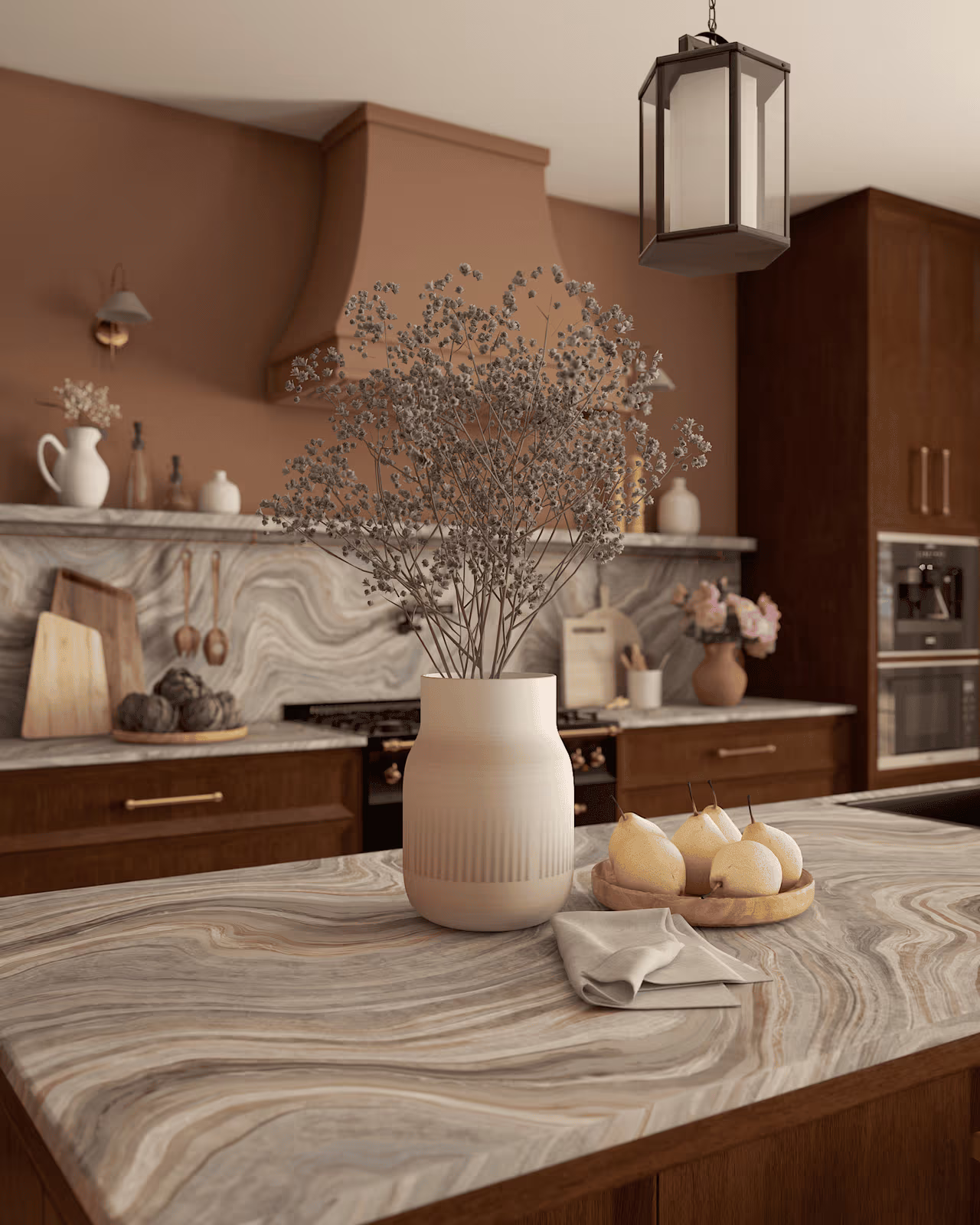 Renderização 3D de cozinha moderna com ilha central e iluminação elegante