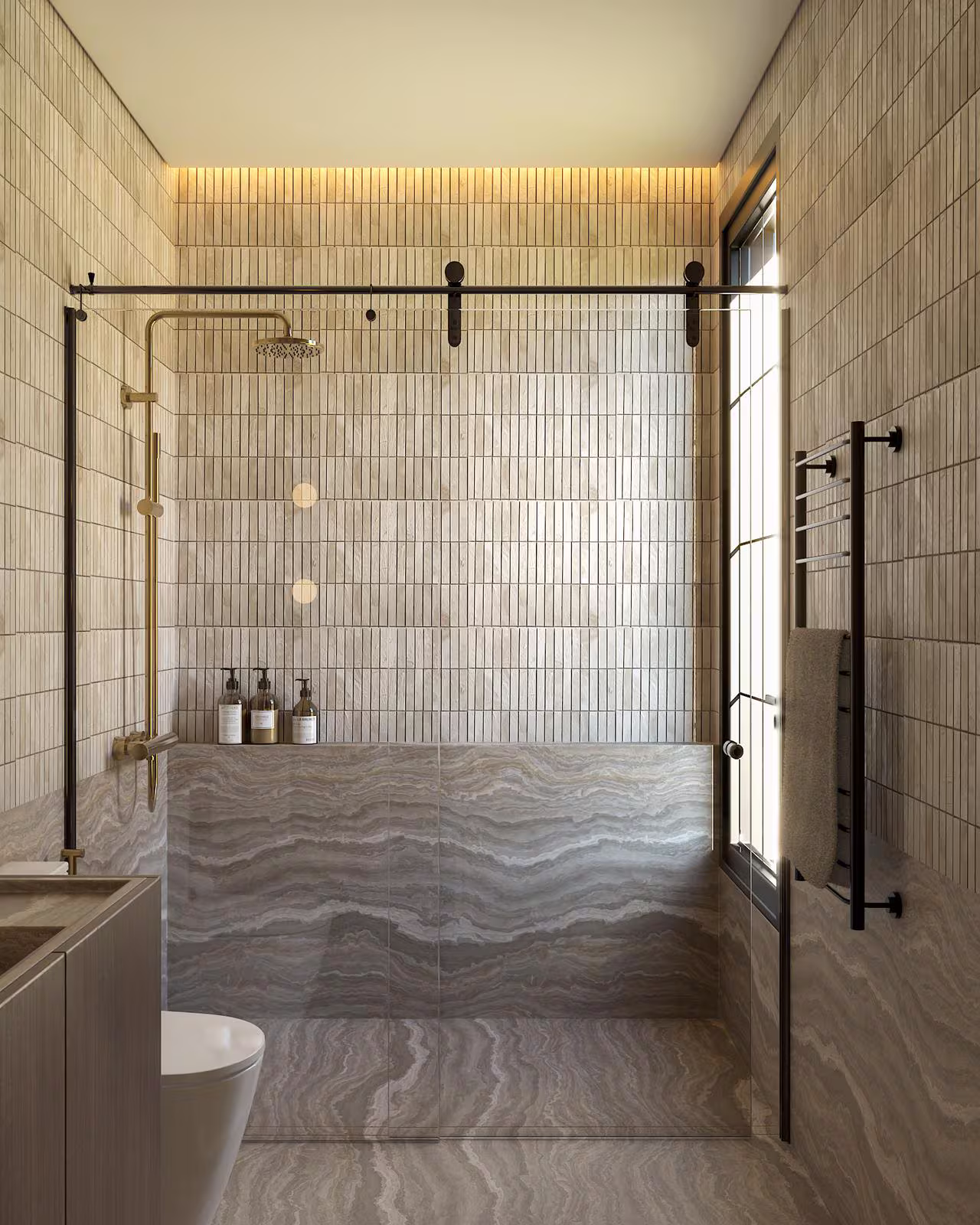 Renderização 3D de casa de banho luxuosa com acabamentos em mármore
